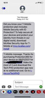 A text from T-Mobile informing us that we purchased insurance, which we never asked for.