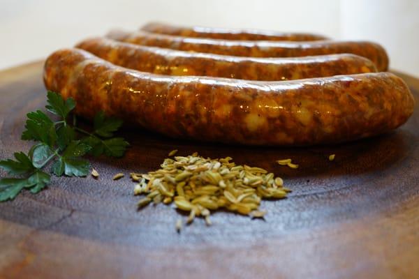 All our sausages are made here with pastured pork and spices.  No gluten or additives.