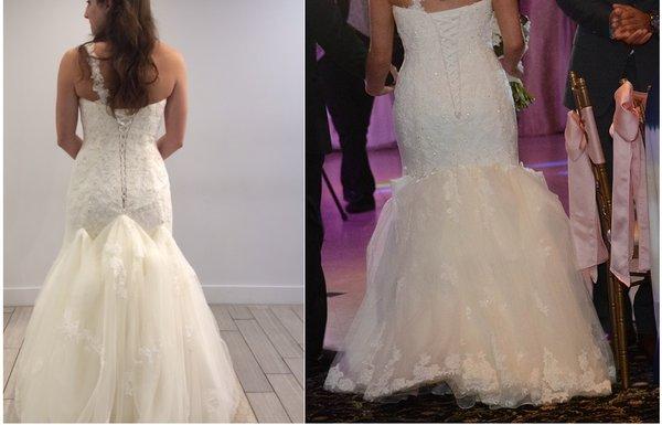 left is one of the proposed bustles from a different salon.  right is the beautiful work of Angel Bridal.  thank you for saving my dress!