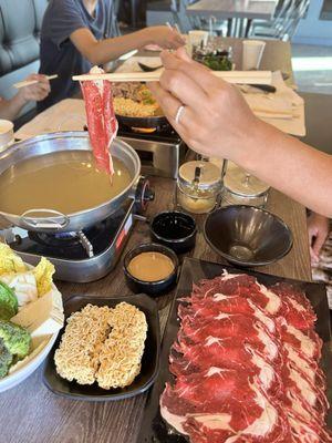 Shabu Shabu with pork bone soup and prime ribeye