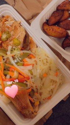 Menu: Whole Snapper, Rice and Peas, Steamed Cabbage, Fried Sweet Plantains