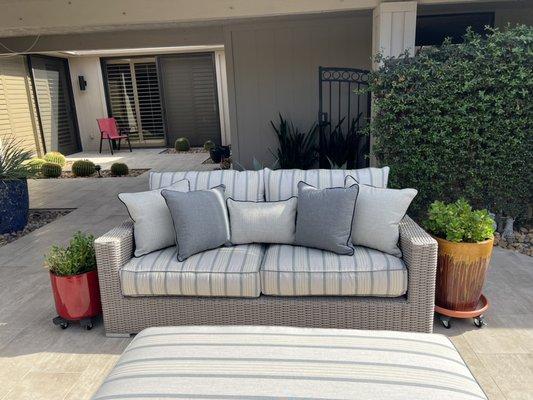 Outdoor patio cushions made with sunbrella fabric.