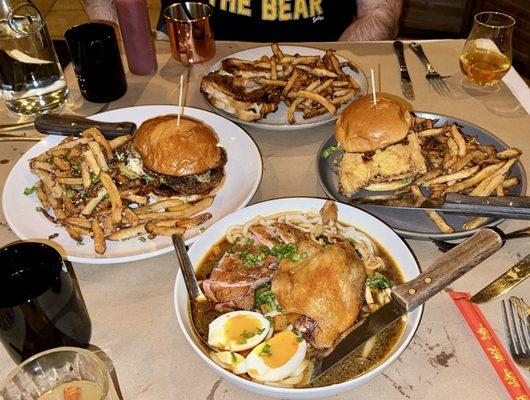 Pork belly grilled cheese, chicken sandwich, cod sandwich, and udon noodles with duck!