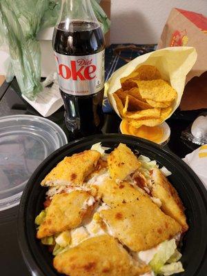 Burrito bowl combo with fish and chips and queso.