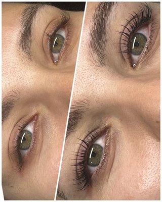 Before and after photos of a keratin based Lash Lift using Yumi professional products.