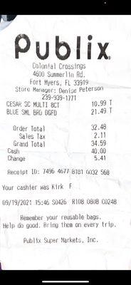 The following is evidence to what had happened: what I had bought, who my cashier was, and what time and date I had gone to Publix.