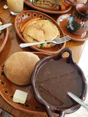 Just Delish! Lentil Soup w biscuit and vegan butter..  Spinach empanada w cheese.