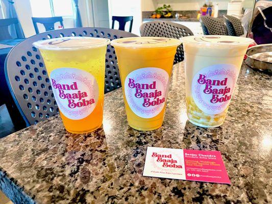 Mango Soda with Mango Popping Pearls, Mango Lassi, and Mango Milk with Mango Jelly