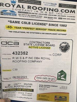 40yr. Roofing.  Contractor's License (in Business Since 6/1982)