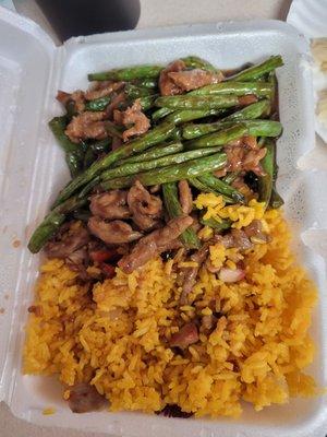 Lunch - beef and string beans with pork fried rice