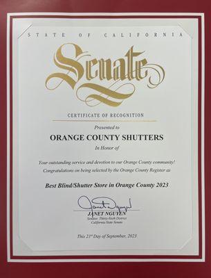 Orange County Shutters was voted the best Shutter/blind company in Orange County for 2023!