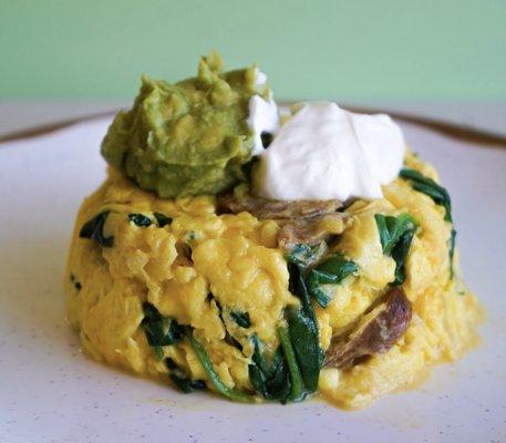 Keto Plate | Scrambled Eggs, Cheddar, Chorizo, Spinach, Sour Cream, Avocado