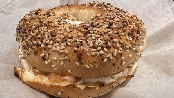 Everything bagels with cream cheese and lox