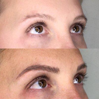 Top pic: before microblading... bottom pic: 6 weeks healed brows before our touchup appt