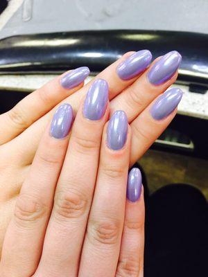 UV gel set with lilac shellac and a chrome top coat.