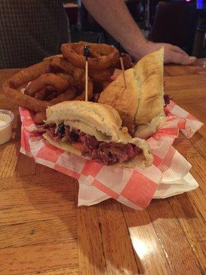 Delicious Pastrami Patty Melt with onion Rings!