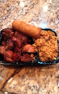 Bourbon chicken, fried rice, and egg roll.