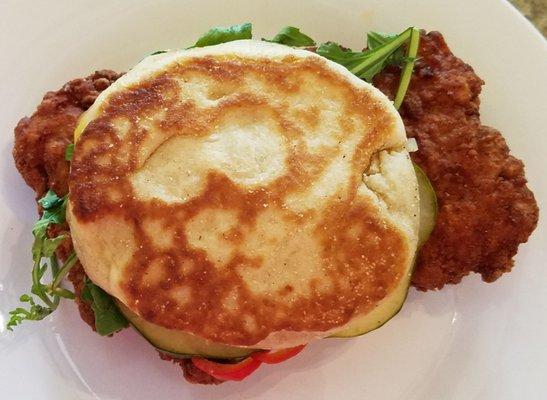 Fried chicken sandwich on housemade English muffin