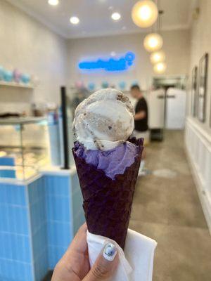 Ube malted crunch and Vietnamese rocky road in an ube cone