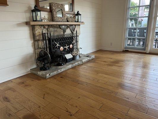 Recoated wood flooring.