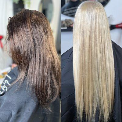 Double process bleach + tone w/ 22"partial micro link weft extension & partial tape in.