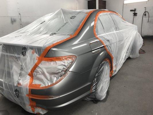 Full paint on the right quarter on this Mercedes  And a spot refinish as per owner's request on the rear bumper