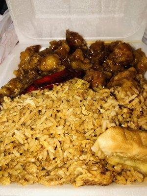 Orange chicken and fried rice .