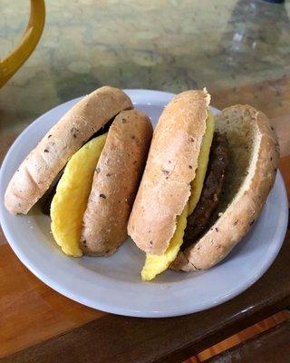 Gluten-free bagel with eggs & sausage. YUM!