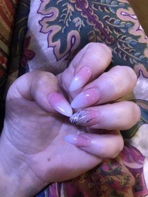 Ombré pink and white dip powder almond shaped nails done by "Sokne" at Elite Nails