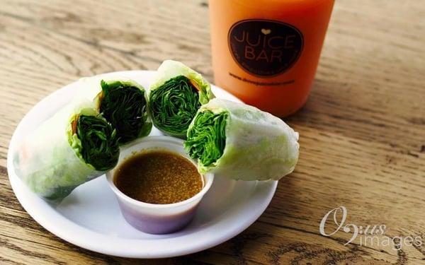 amazing Spring rolls, rice paper, with romaine, spinach, cilantro, mint, carrot, avocado, cucumber and comes with amazing spicepeanut sauce