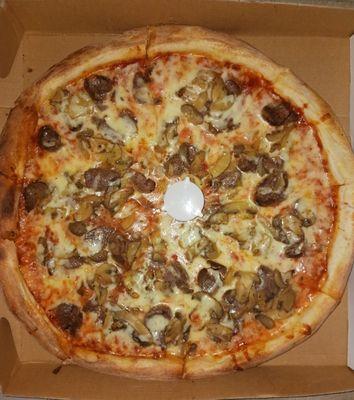 Whole pie with extra cheese, mushrooms, and beef sausage.