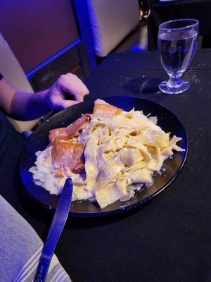 Fettuccine Alfredo with salmon added