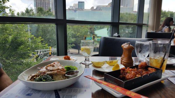 Salmon rice bowl, the bang bang cauliflower and a lovely little view into the city.