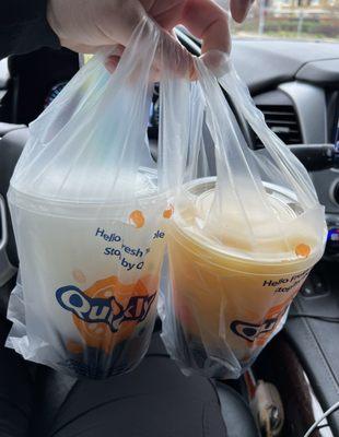 Large passion fruit and lychee slush with boba. So good!