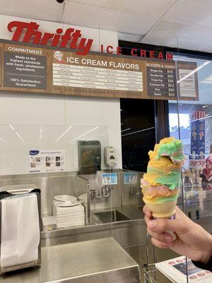 Rainbow Sherbert on a Cake Cone at the counter