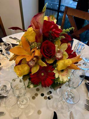 Tropical floral arrangement for a private dinner party at a restaurant