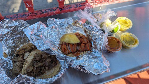 Lengua, buche and pastor tacos