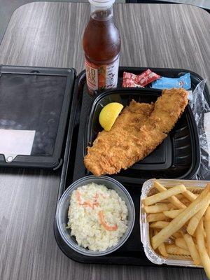 Fried haddock fries and coleslaw.