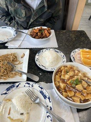 Mapo tofu, chicken chow mein, general Tso chicken