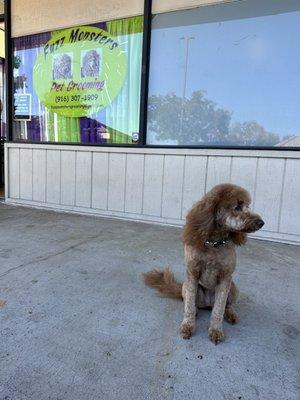 Posing in front of the shop.