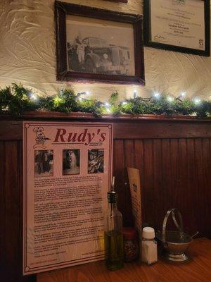 Rudy's menu with the background story of their family business