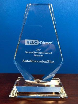 Platinum Level service award. Highest level of honor from RELO Direct. Second consecutive year.