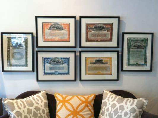 A collection of original bond and stock certificates from the 1920s.