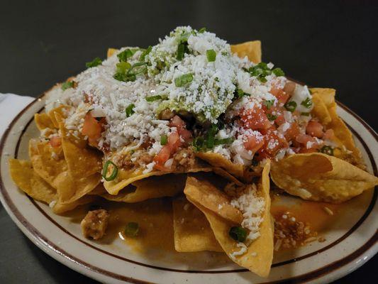 Nachos with chicken, good, but the cheese wasn't what I hoped it would be.