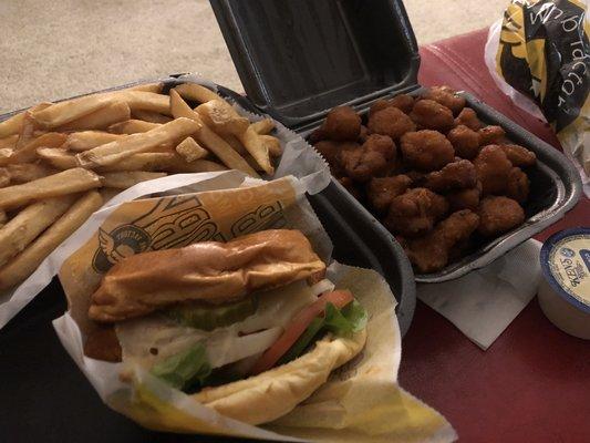 Buffalo Chicken Sandwich, Regular Fries, Fried Cauliflower