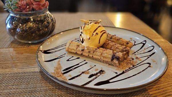 Cinnamon & Caramel Churro Sticks with Vanilla Ice Cream