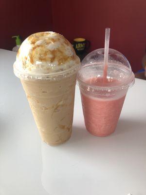 Left: Large caramel frappe  Right: Medium Strawberry Banana Smoothie