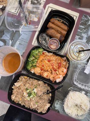 Grilled Salmon & Shrimp, Pineapple Fried Rice, Masaman, Veggies Spring Roll with homemade sauce, Chrysanthemum tea