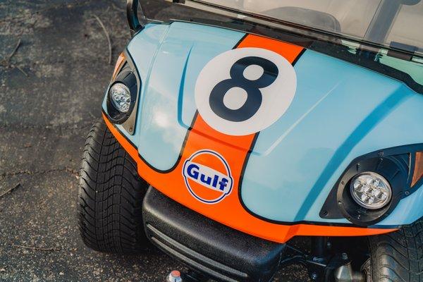 Customer needed his golf cart to match his personal plane in the Gulf Oil Livery, was over the moon with this result