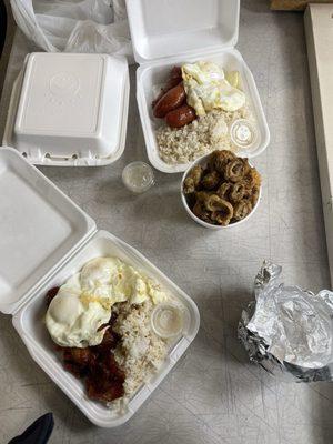 Egg tocino garlic fried rice longanisa a fried intestine.